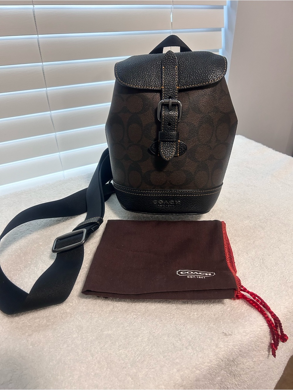 Coach Brown Signature Canvas Leather Trim Backpack / Sling Authentic